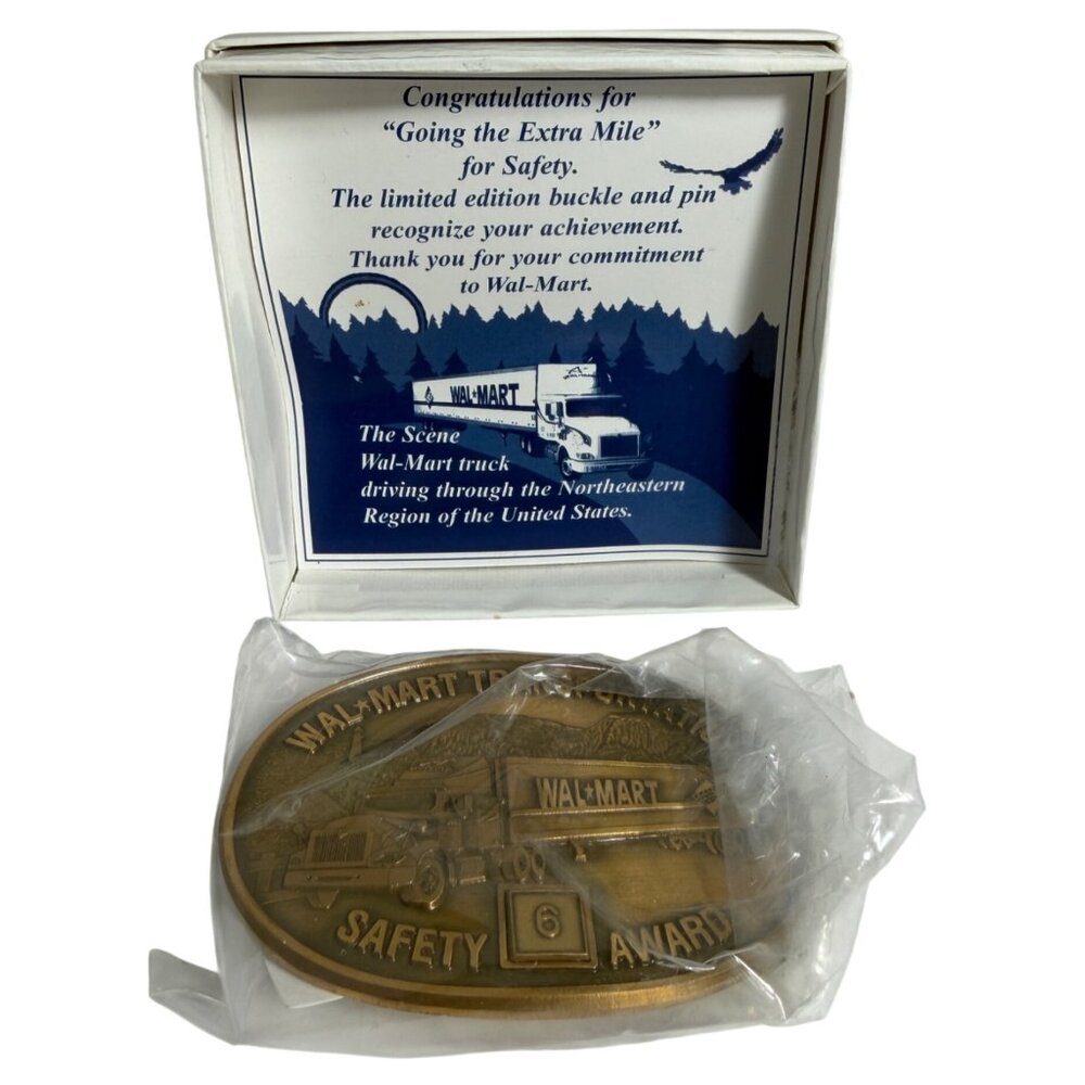 Vintage Wal-Mart Transportation Safety Award Belt Buckle Solid Brass w/ Box